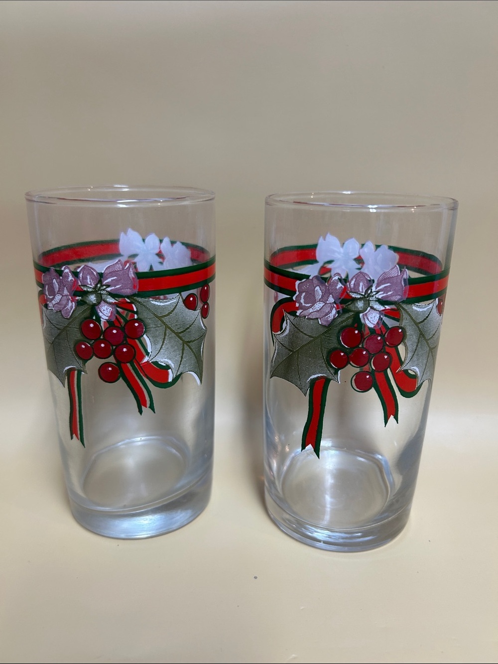 Holiday Holly Highball Glasses - Festive Set of 2 Vintage